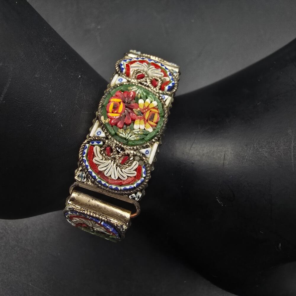 Vintage Venetian Micro Mosaic Panel Bracelet Silver Tone